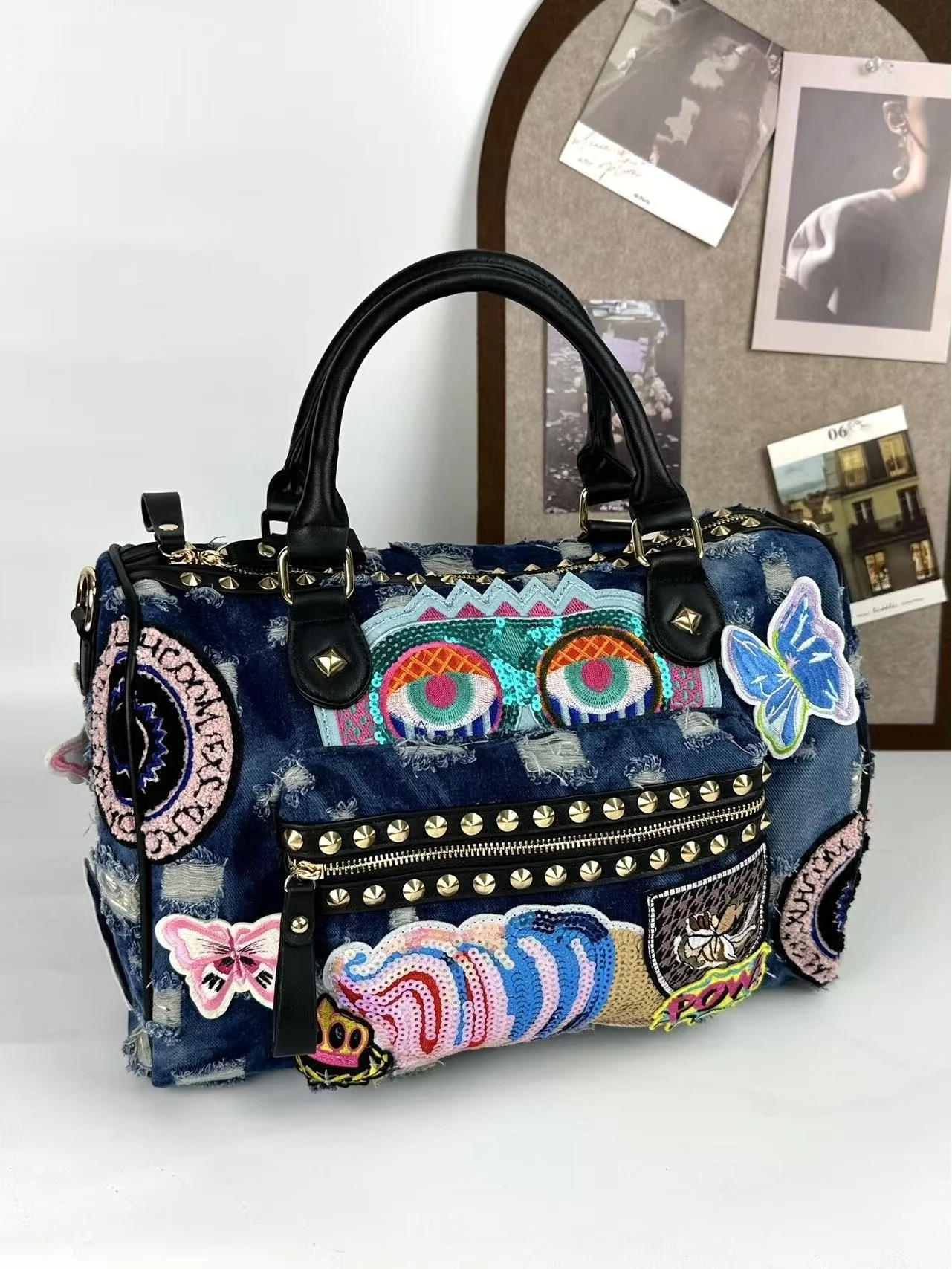 Fashionable Embroidered Denim Shoulder Bag Women's Handbag Trendy Satchel Crossbody Bag Single Strap Color Block Handheld Bag