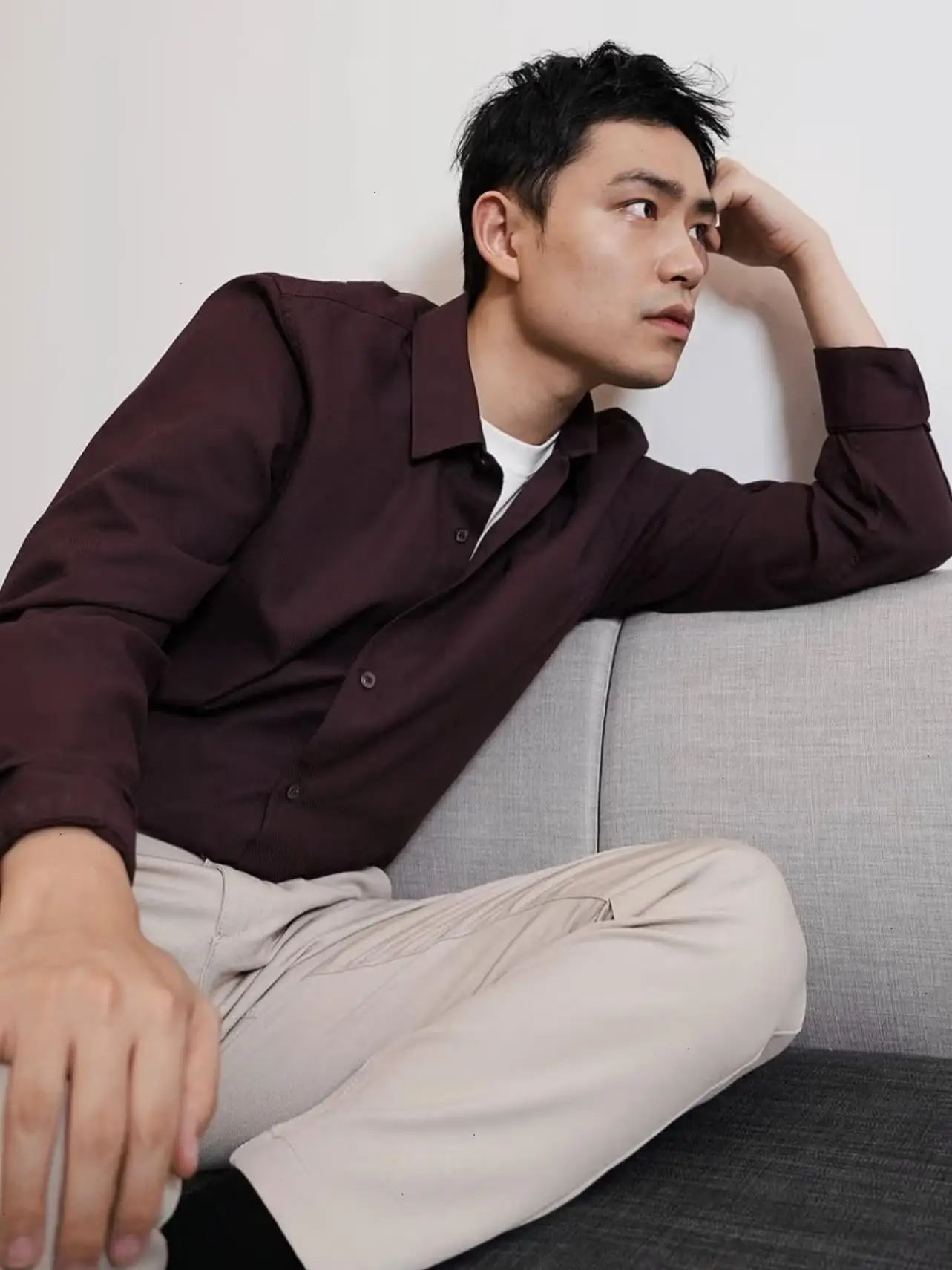 

Italian Luxury Men's Long Sleeve Shirt Thermal Core Warm Fleece Lyocell Silk Wool Modal Angora Red Casual Wear Breathable