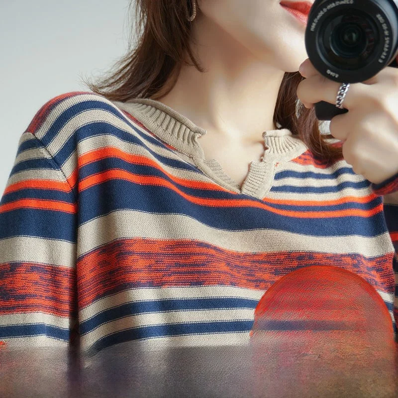 

Новинка 2023, женский длинный све, хлопок и лен, корейский слэ, весна-осень, свободная полосатая модная внутренняя одежда, тонкий вязаный топ...