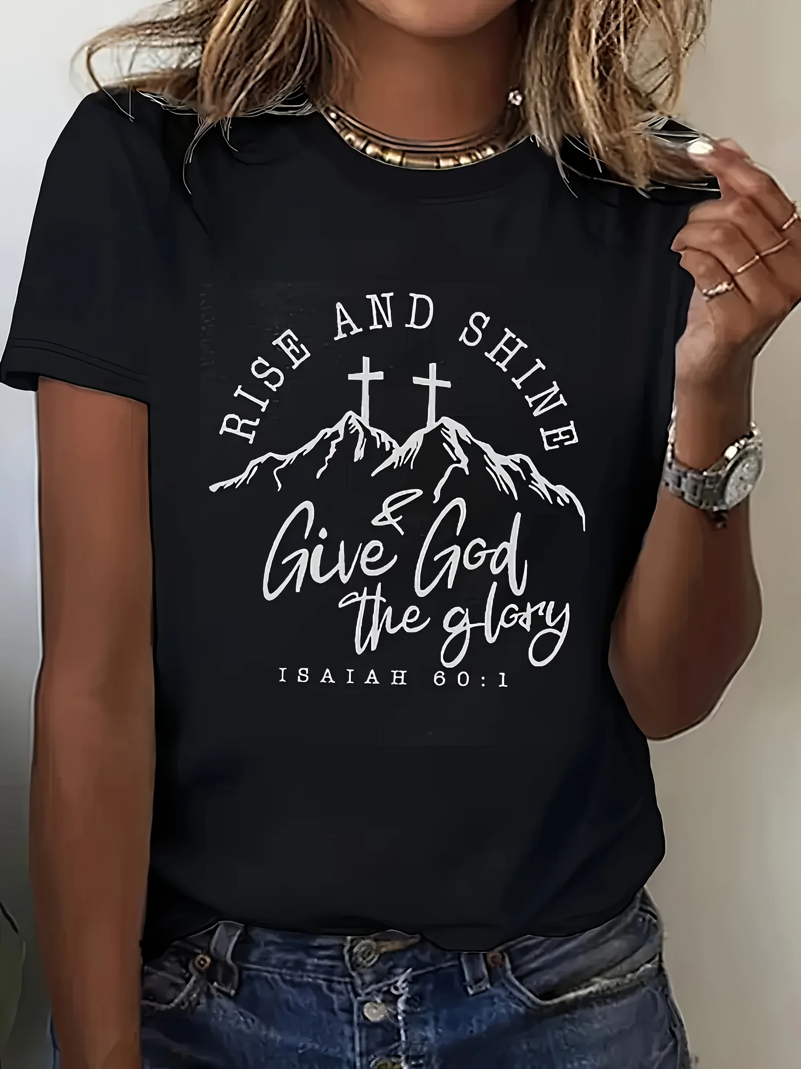 تي شيرت نسائي أسود ملهم بنمط "Get Up Early، Up، Glory to God" - بلوزة كاجوال بأكمام قصيرة للربيع/الصيف، كاجوال #1