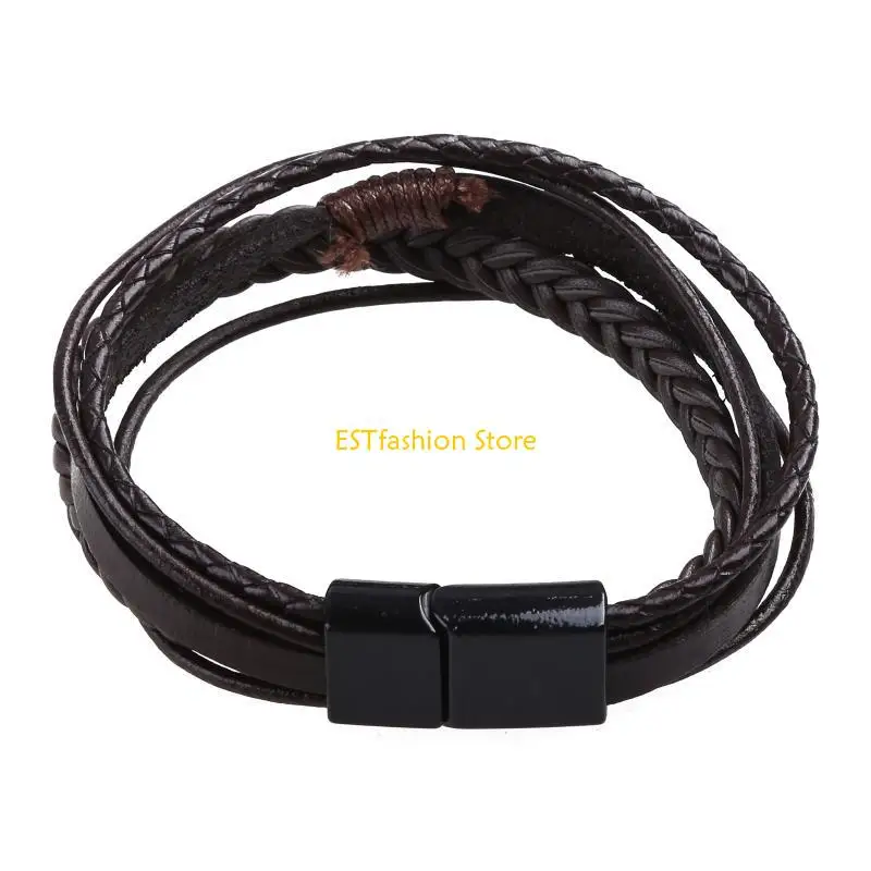 Y5GC Mens Leather Bracelet with Clasp Cowhides Multi-Layer Braided Leather