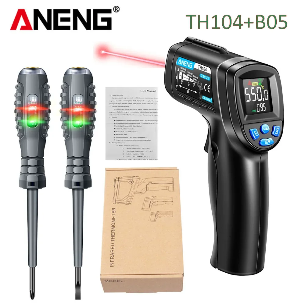 Infrared Thermometer Industrial Red Laser Thermometer Gun VA Screen Pyrometer ANENG 104-b05 Voltage Test Screw Driver Tools Kit