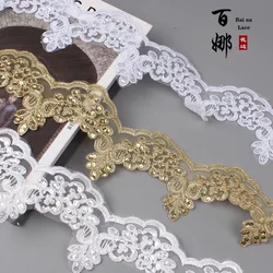 2Yards 8cm wide Exquisite Gold Ivory Cording Lace Embroidery Lace Dress Home Textile Sequin Triming Dance Clothes DIY Materail