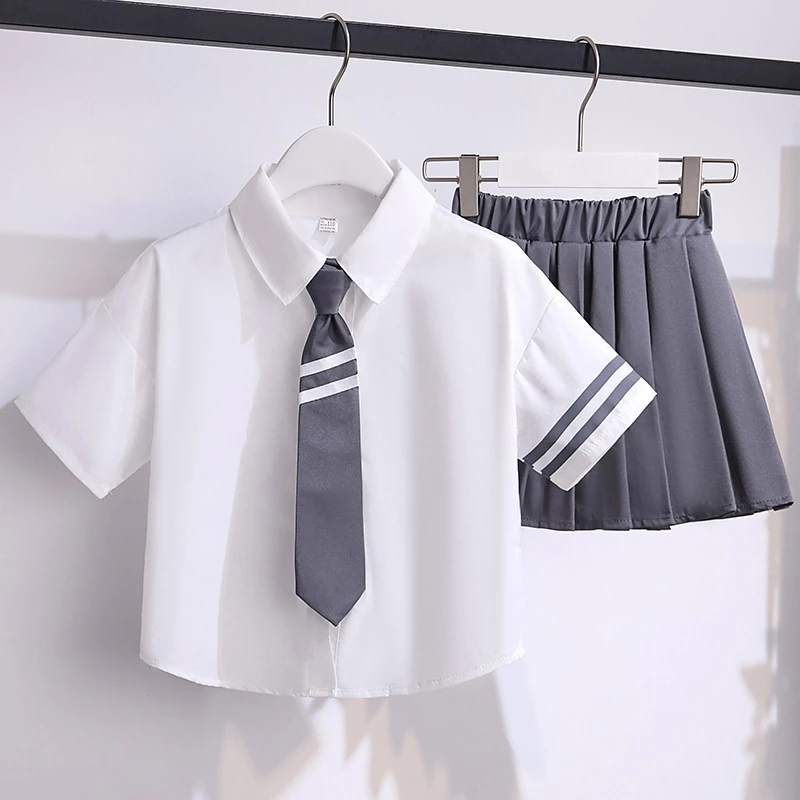 Summer Children Girls Clothes Set JK Student School Lapel Tshirts and Plaid Pleated Skirts Suit Kid Top Bottom Outfits with Tie