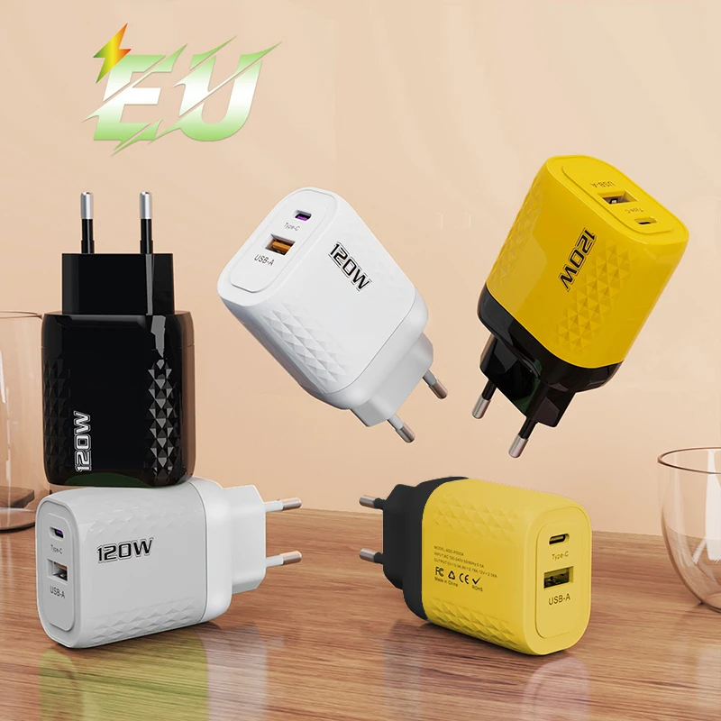 Cargador USB tipo C para Iphone, teléfono Android, tableta, USB-C, adaptador de corriente de pared de carga rápida, enchufe para UE, EE. UU., Reino Unido, viaje de negocios, 120W