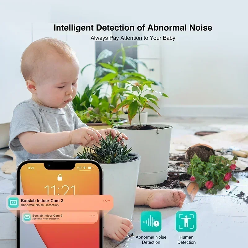 Botslab  Caméra Smart Pan Tilt  Caméra dôme de sécurité intérieure 2K WiFi  avec détection de corps et de mouvement  Vision nocturne  Moniteur pour bébé