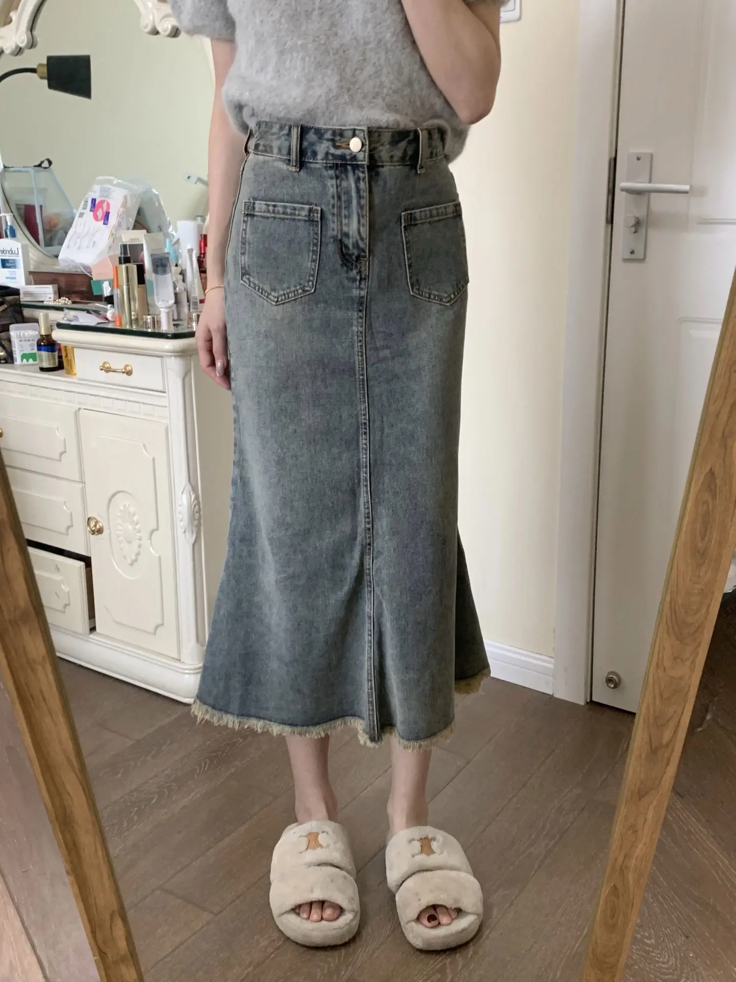 Design Sensation Denim f-lengte Rok vrouwen Herfst Nieuwe Sle A-lijn Lange Rok plus Size Vet MM Rokken Tailored Fi-staart