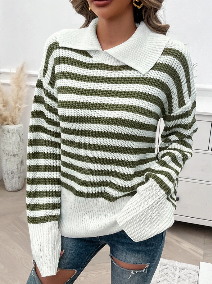 Sweater for Women 2024 Autumn Winter Casual Knitting Long Sleeve Pullovers Fashion Women Striped Print V-Neck Ladies Sweater Top