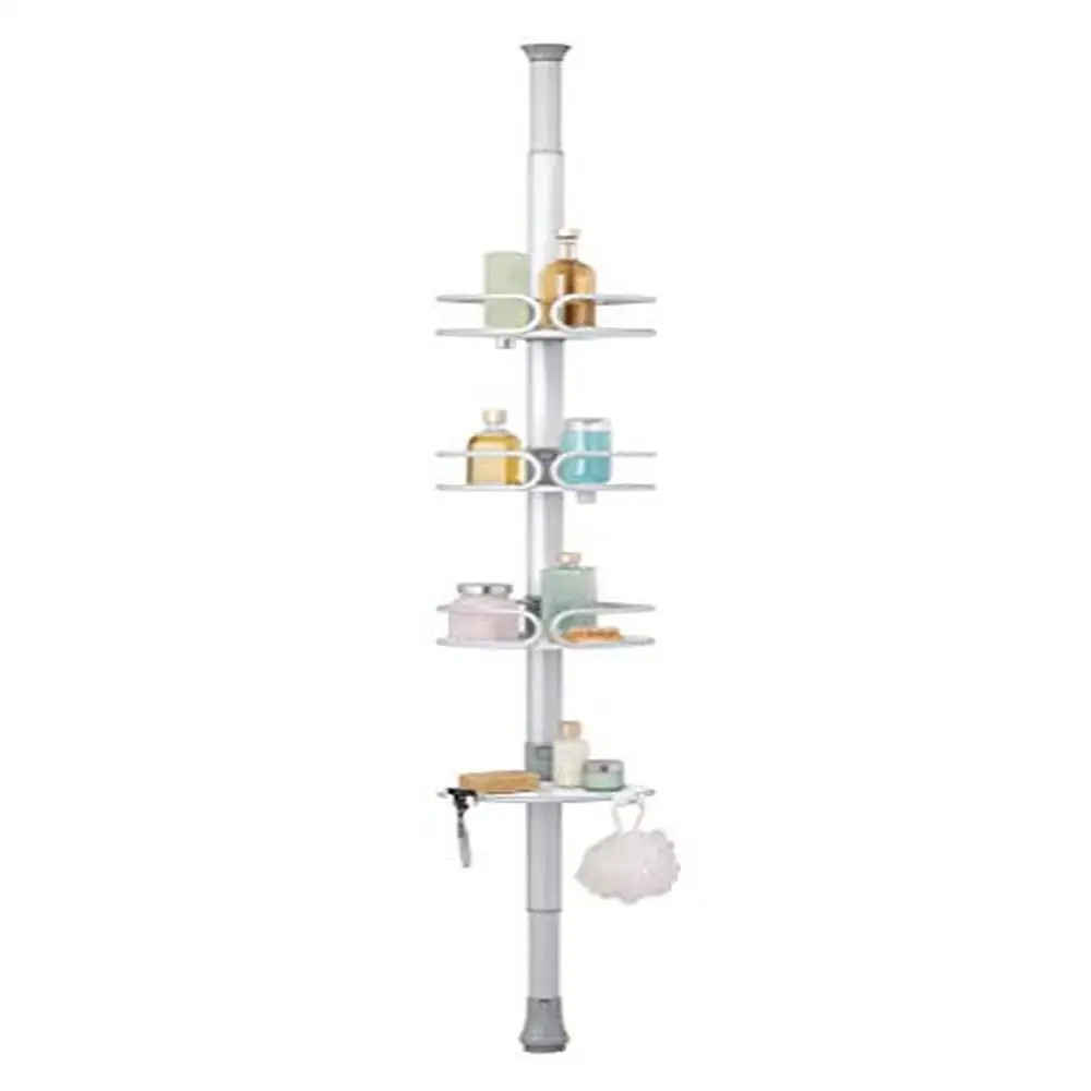 

Extendable Shower Caddy Rust-Proof Aluminum Pole Tool-Free Installation Adjustable Shelves Soap Tray Razor Holder Hook Anodized