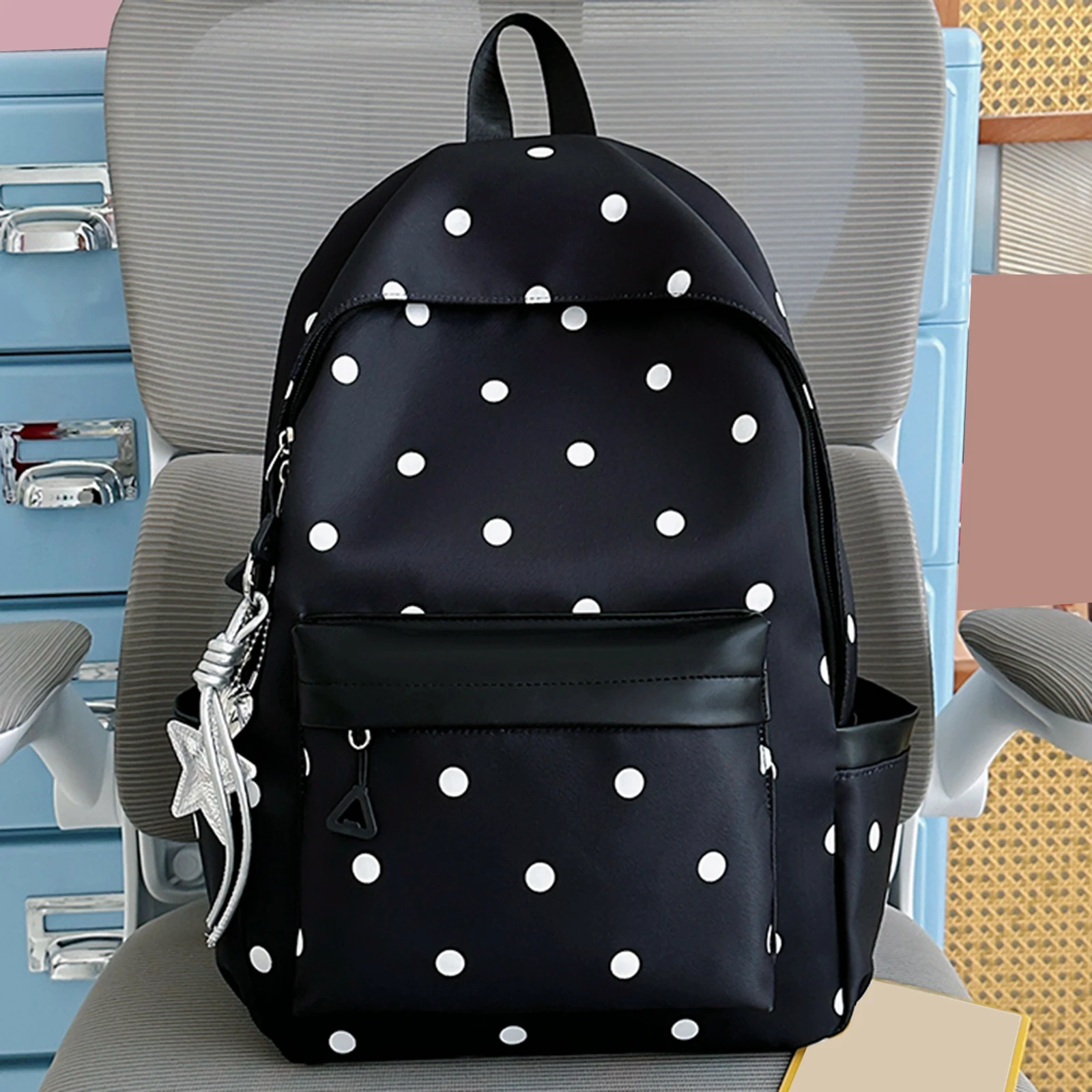 Polka Dot Aesthetic Preppy Backpack with Star Charm Campus Kawaii Sweet Bag for Elementary & Middle Girl