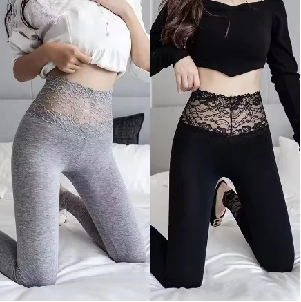 Women High Waist Lace Leggings 2025 Spring Autumn Solid Color Ladies Sexy Slim Thin Pants Stretch Female Modal Push Up Leggings