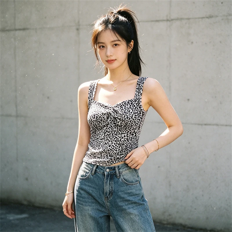KEYANKETIAN Leopard Print Square Neck Tank Top Twist Front Ruched Built In Padded Bra Two Color Slim Sleeveless Crop Camisole