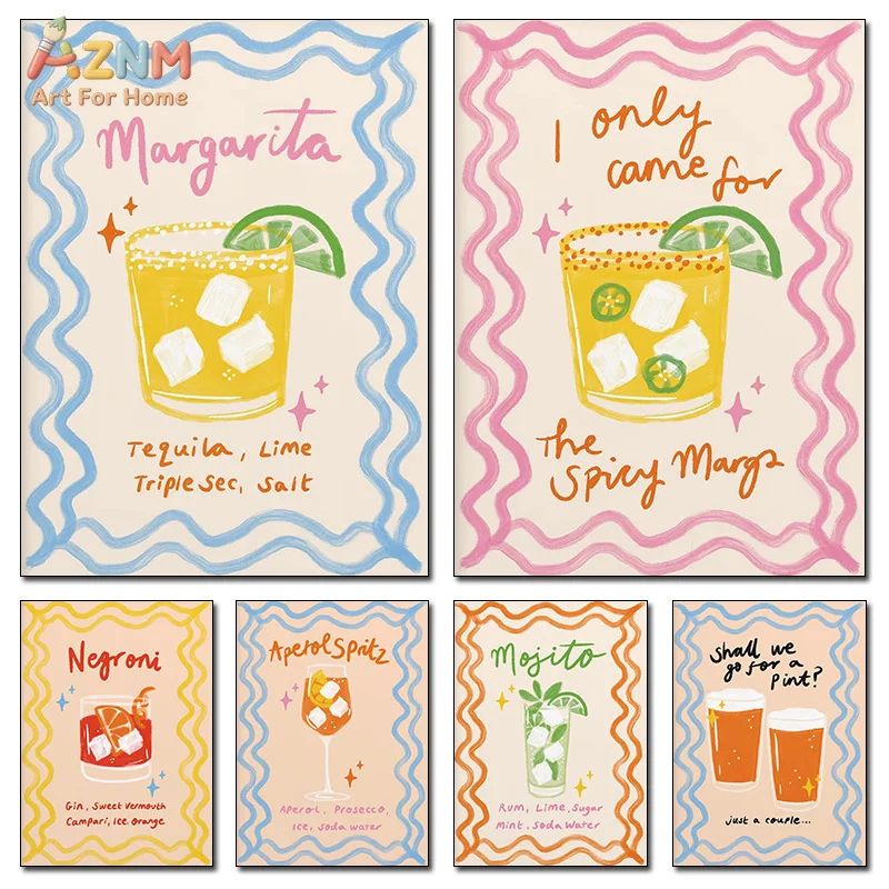 AZNM Colorful Wavy Border Cocktail Canvas Print Margarita Mojito Aperol Spritz Negroni Retro Bar Cart Kitchen Drink Typography W