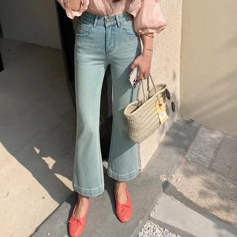 

Women's Wide Edged Micro Flared Jeans Young Girl ankle-length Denim Trousers Vintage Bottoms Female High Waisted Cropped Pants