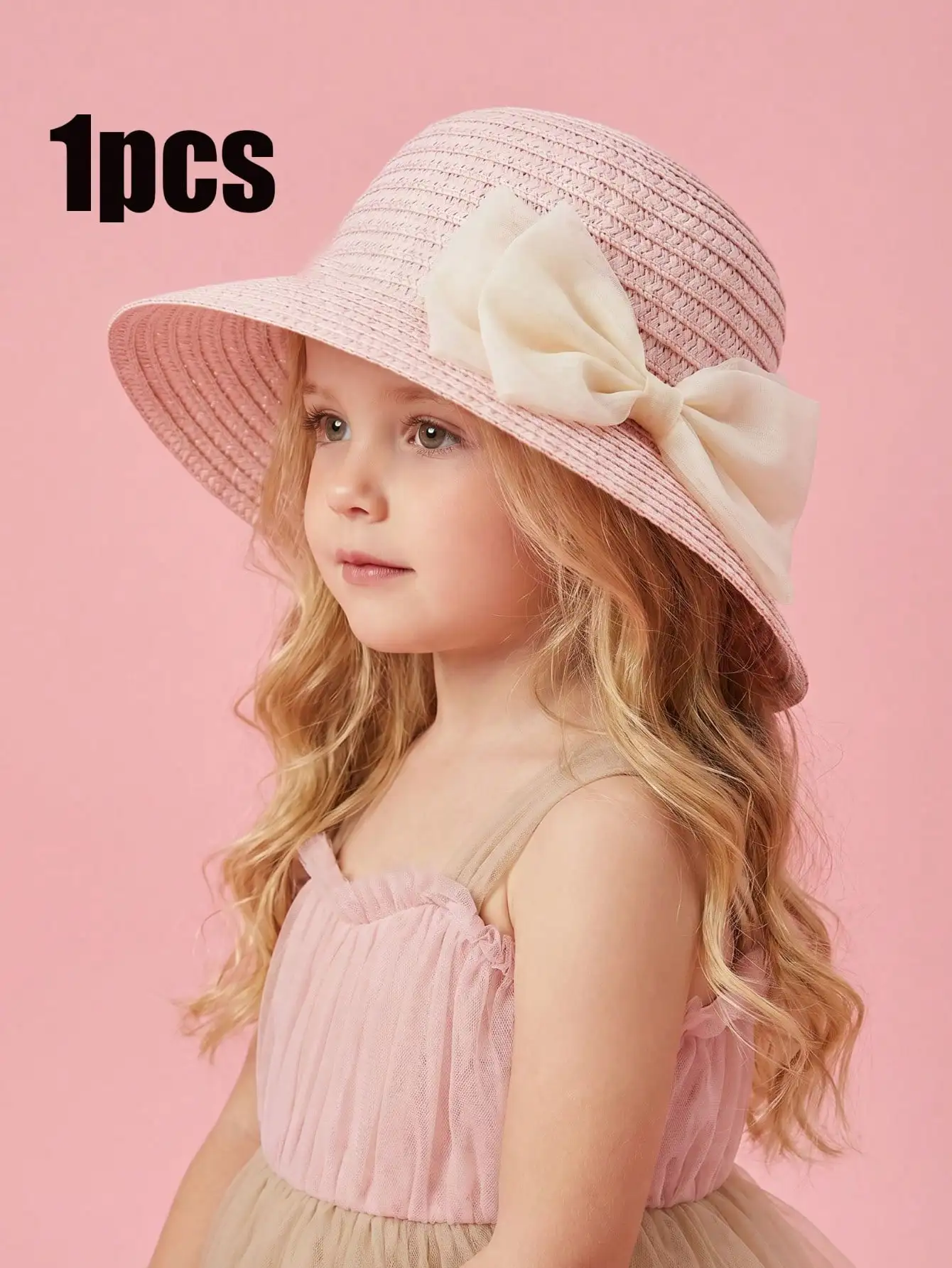 1Pc 3-8Y Girls Pink Straw Hat With Large Beige Bow Breathable Wide Brim Sun Hat For Beach Outdoor Sports