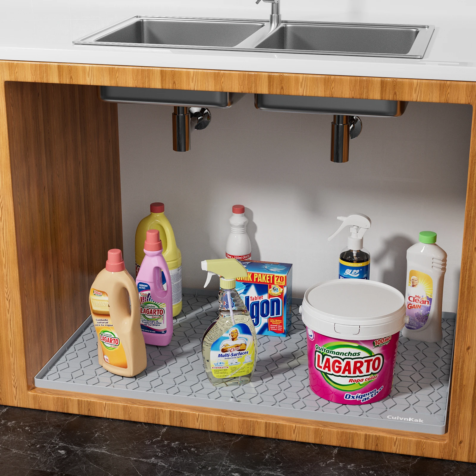 حصيرة تحت المغسلة، حصيرة الخزانة، ملحقات المطبخ تحمي الخزائن تحت الحوض، بطانة رف ممتازة من السيليكون قابلة للغسل (34 بوصة × 22 بوصة)