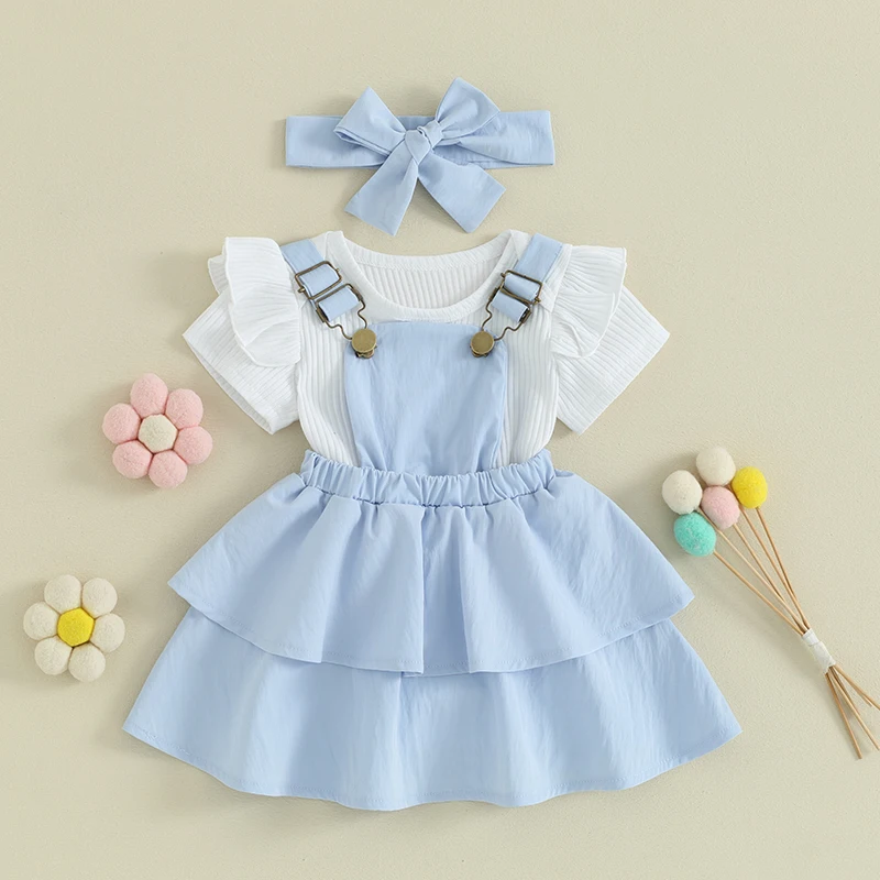 

Toddler Baby Girls 3 Piece Outfit Short Sleeve Ribbed Romper Layered Suspender Dress Headband Set