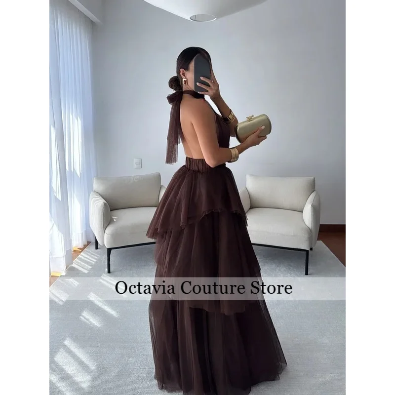 Brown Tulle Long Prom Dresses Customized Halter Tiered Layers Formal Party Evening Gowns Sexy Backless Special Dress