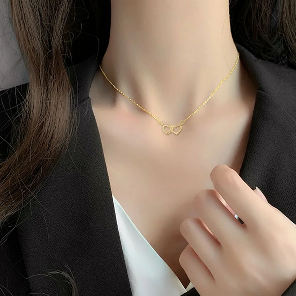 Stainless Steel Chain Gold Color Romantic Zircon Double Heart Pendant Necklaces for Women Girls Delicate Accessories Gifts