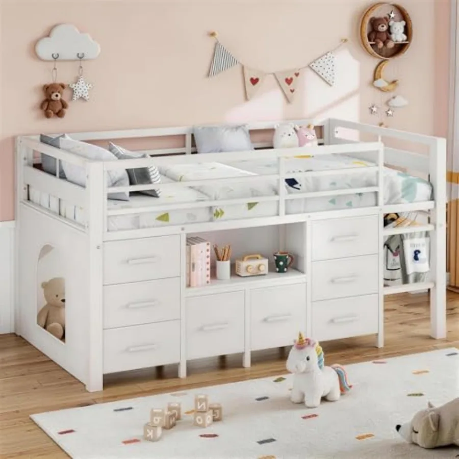 

Low Loft Bed Twin Size with 8 Storage Drawers and Bookcase, Metal Loft Bed with 13" H Safety Guardrails, Under-Bed Play Space a