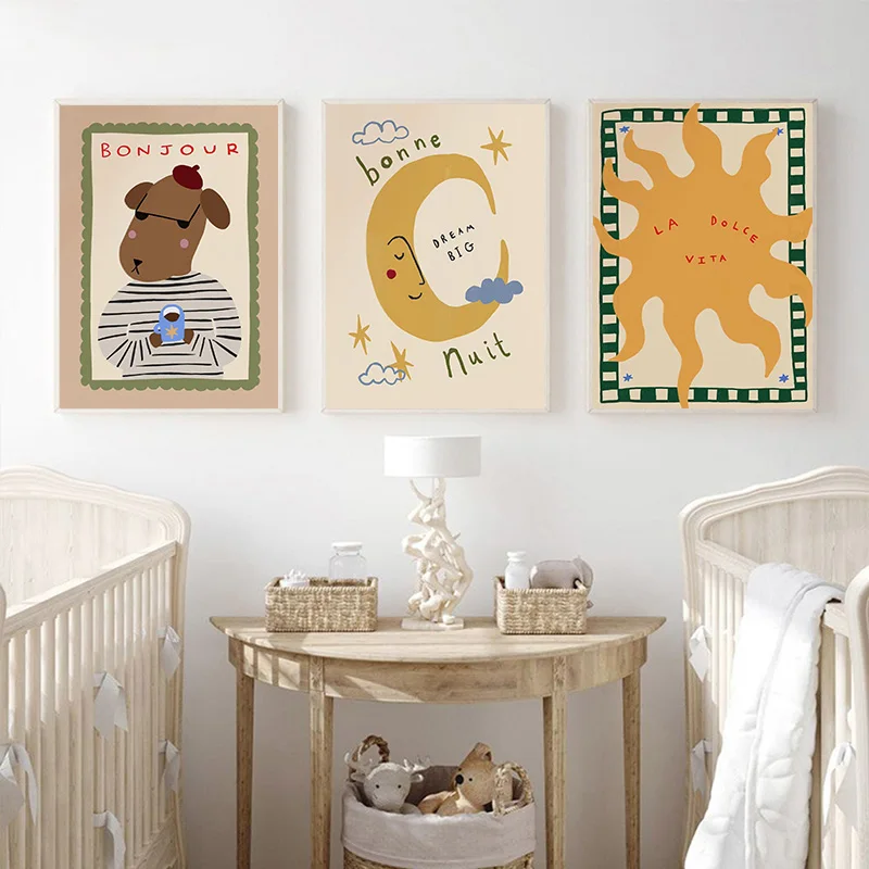 Bohemian Sun Moon Animal Cartoon Canvas Print Letter Quotation Nursery Wall Art Poster for Modern Living Room Bedroom Home Decor