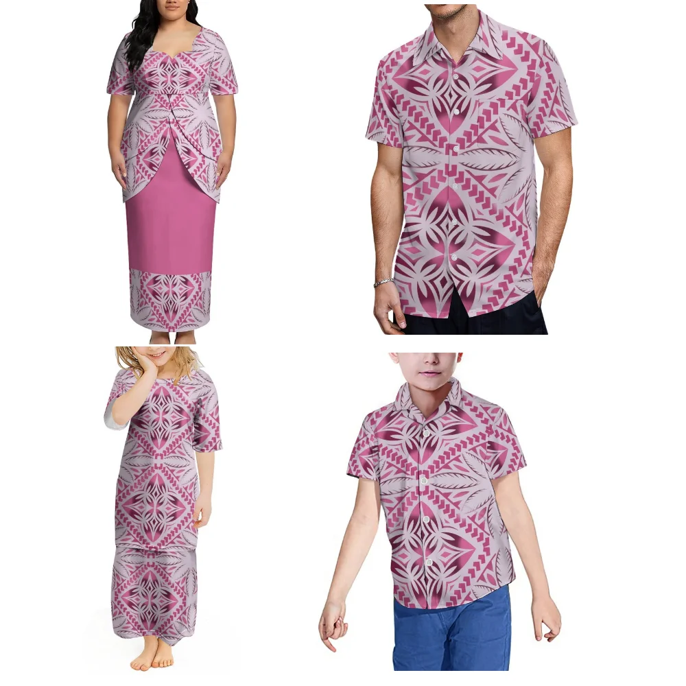 Conjuntos Familiares de Alta Qualidade Samoa: Camisas Masculinas de Manga Curta e Vestidos Puletasi Femininos Personalizados