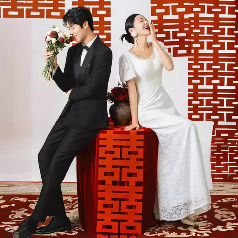 

French Lace Bride White Simple Niche Engagement Dress Elegant Round Neck High-end Floor-length Outing Greeting