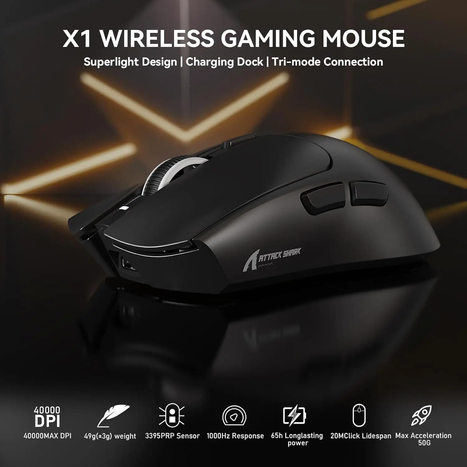 ATTACK SHARK X1 Wireless Gaming Mouse with RGB Charging Dock PAW3395 PRO Sensor Up to 40K DPI Ultra Light Tri-Mode  for WIN/MAC