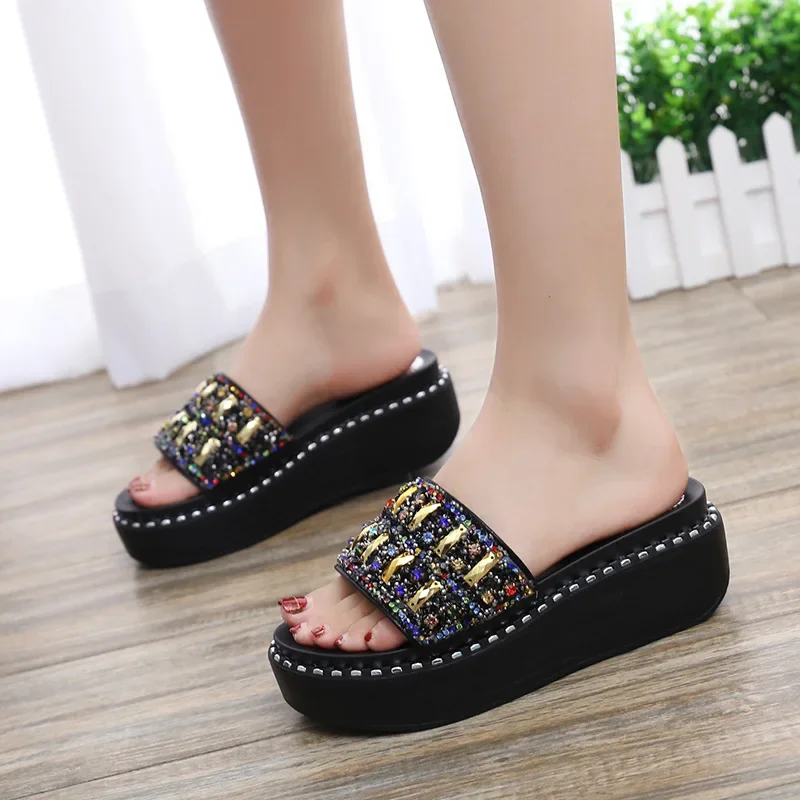 Comemore Slides Women Shoes Wedge Slipper Beach Slides 2024 Platform Shoes Rhinestone Sandals Women Slippers Zapatos De Mujer