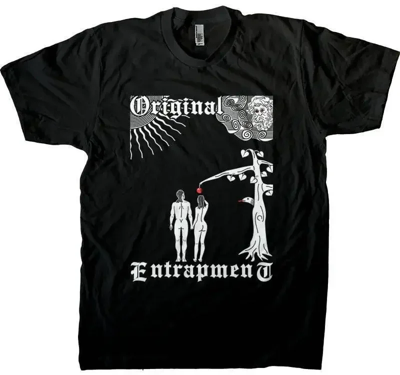 Original Entrapment Adam and Eve Garden of Eden Atheist Biblical Satire Sin Forbidden Fruit on T shirt