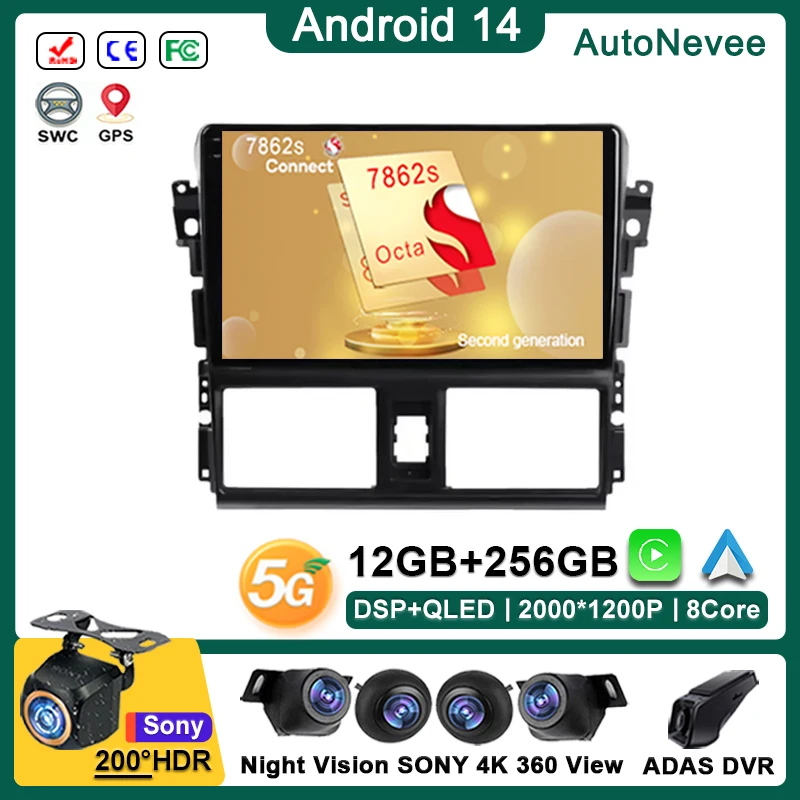 

Android 14 Multimedia For Toyota Vios Yaris 2014 2015 2016 Car Player GPS Stereo Navigation Auto Radio Screen No 2Din Head Unit