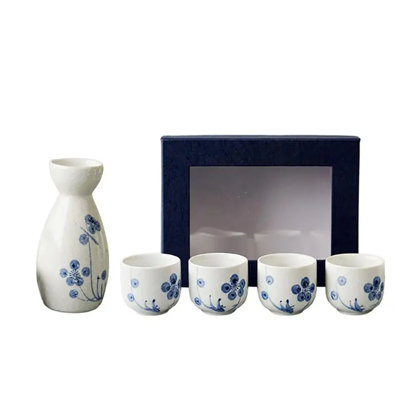 

4 Piece Premium Ceramic Plum Blossom Sake Set Pot Japanese Style Serving Cups Kitchen Barware Perfect Gift for Family Friends