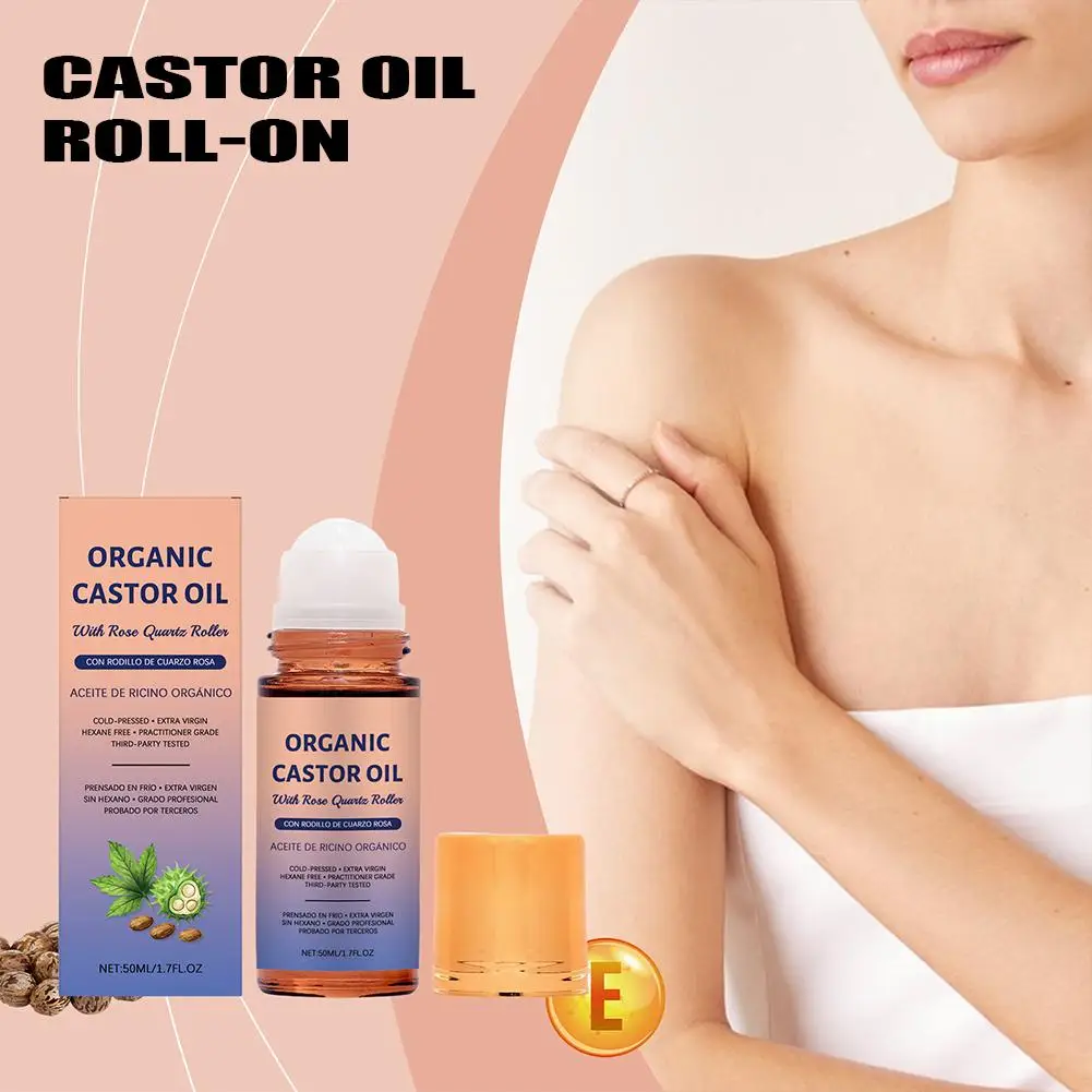 Organic Castor Oil With Rose Quartz Roller 50ml Cold Pressed Extra Virgin Hexane Free Body Massage Oil Hair Eyelash Growth