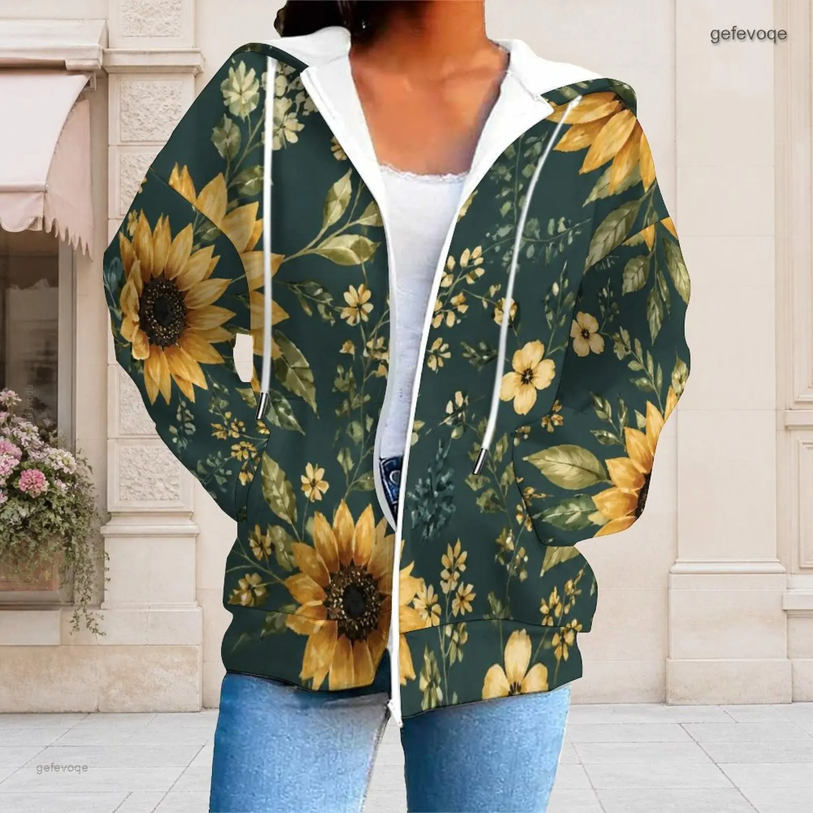 Women Sunflower Floral Printed Zip Up Long Sleeve Hoodie with Pockets