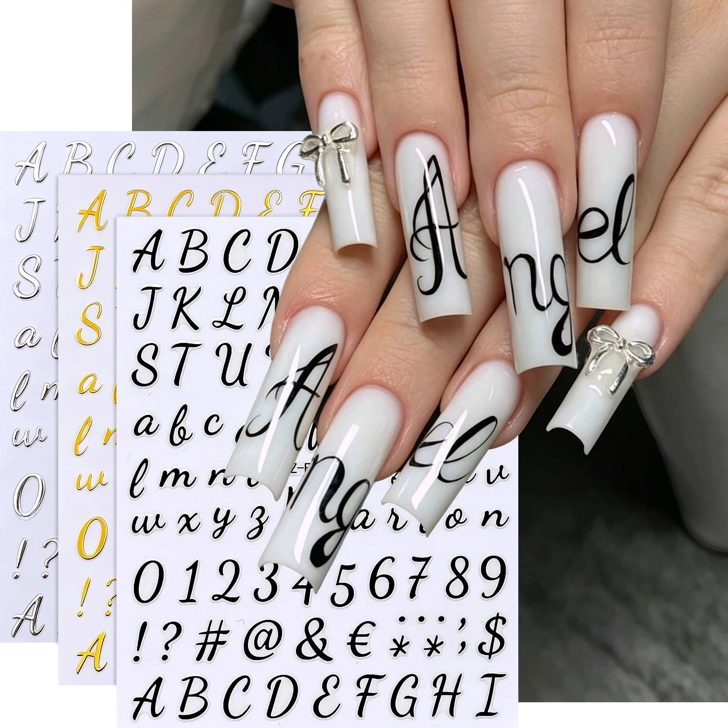 3Pcs Gothic Letter Number Nail Stickers 3D Gold Silver Black English Words Roman Alphabet Symbol Nail Decals Y2k Manicure Decora
