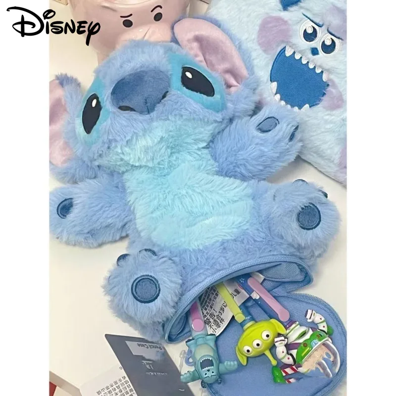 Disney Cute Cartoon Stitch Plush Pen Bag Stationery Box Y2k Student Large Capacity Pen Holder Women Mini Desktop Storage Bag