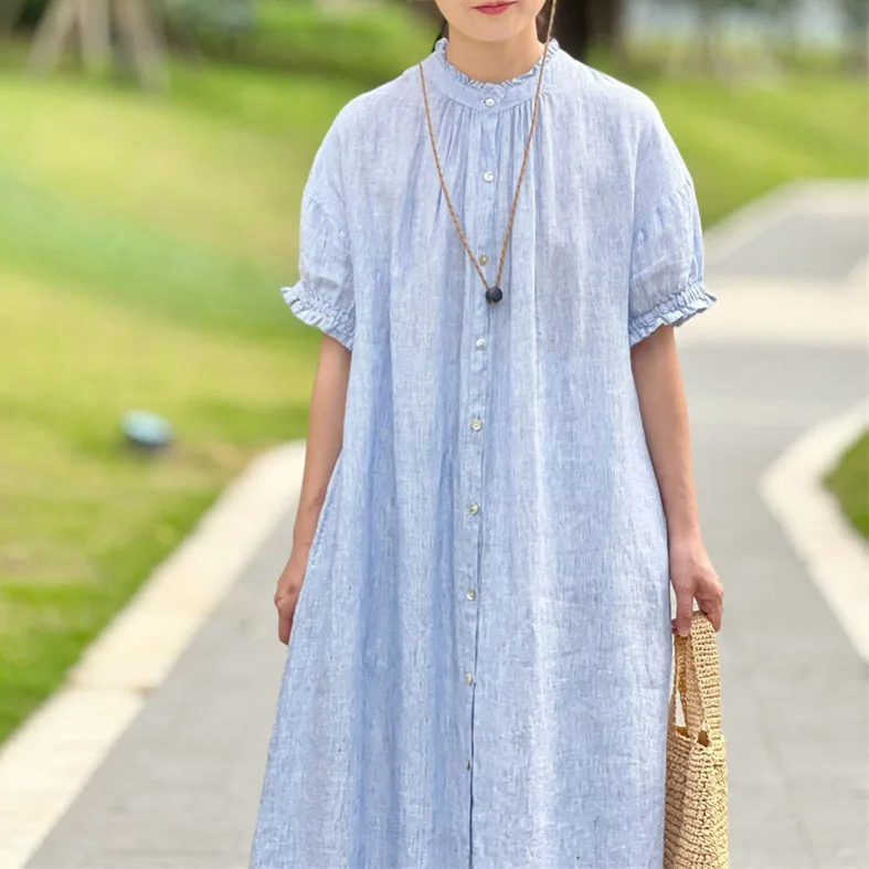 

Small stand collar loose linen short sleeve dress cardigan plaid
