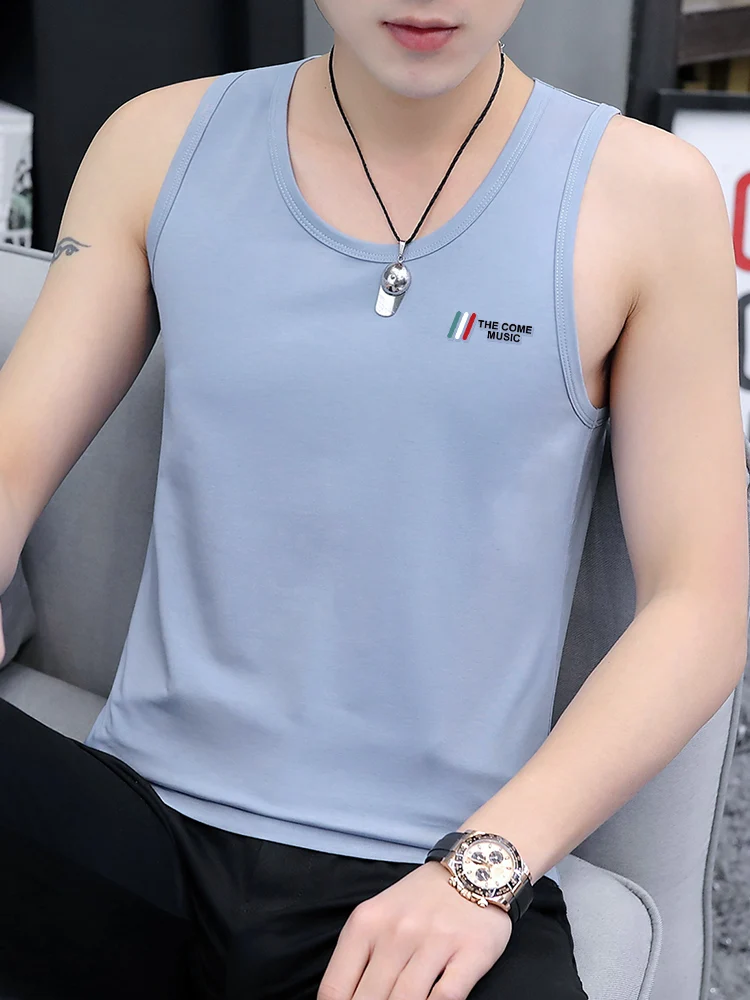 

Мужской синий хлопковый спортивный жилет на лето с широкими бретелями, влагоотводящий, дышащий, трикотажный