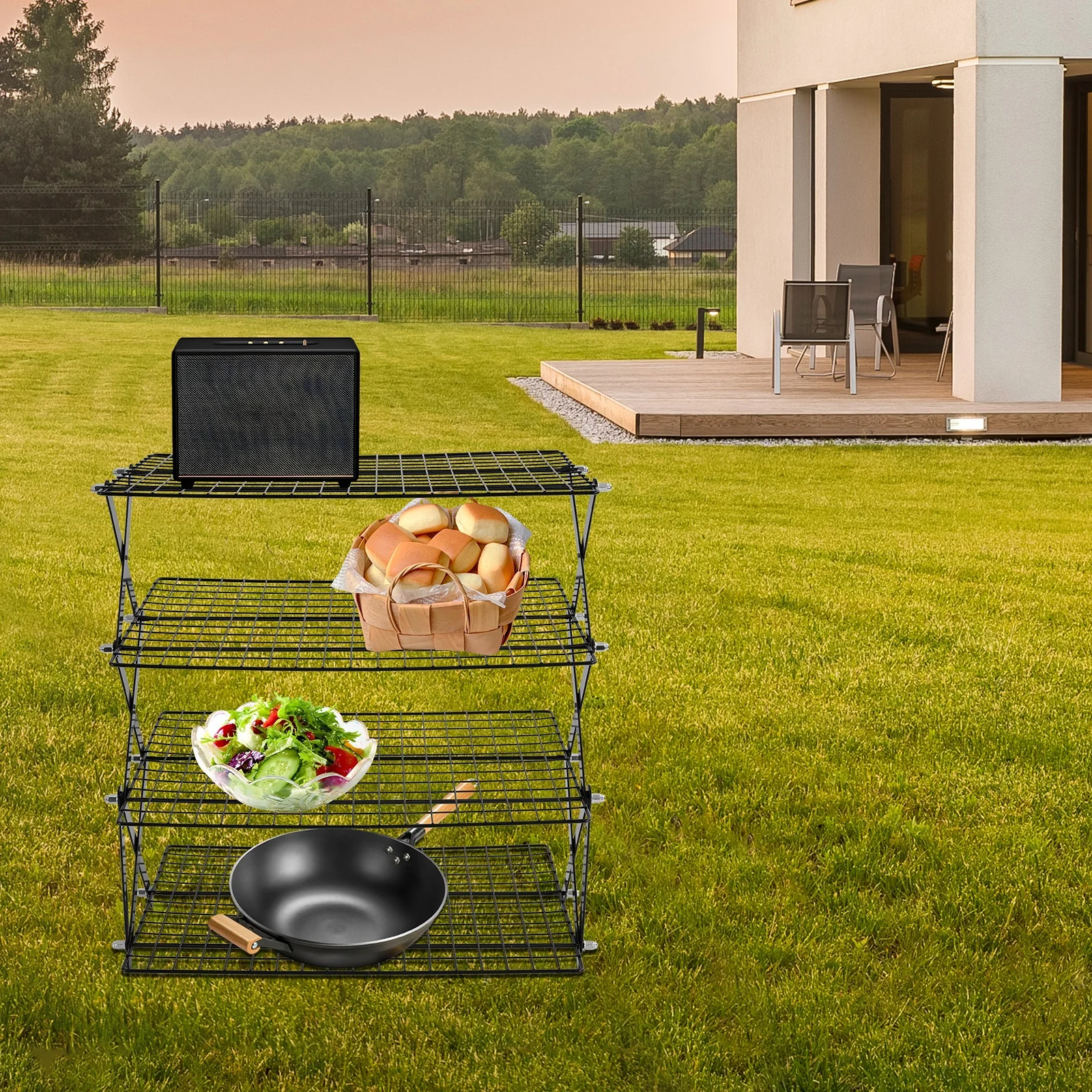 

4-уровневая складная полка-органайзер для кемпинга, полка для сушки в гриле для пикника, компактный дизайн для приготовления пищи на открытом воздухе, выпечки печенья