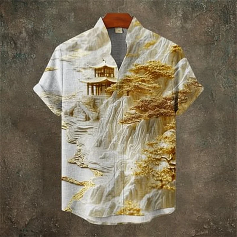 

High definition art crane print men's short sleeved shirt, 3D gold tree and architecture men's pine needle tree Japanese carp an