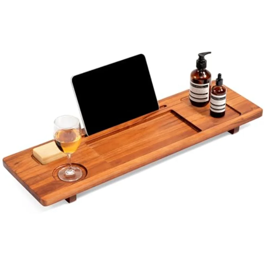 

Teak Bathtub Tray Caddy 29 Wide Adjustable for Freestanding Tubs Non-Slip with Phone and Wine Holder Natural
