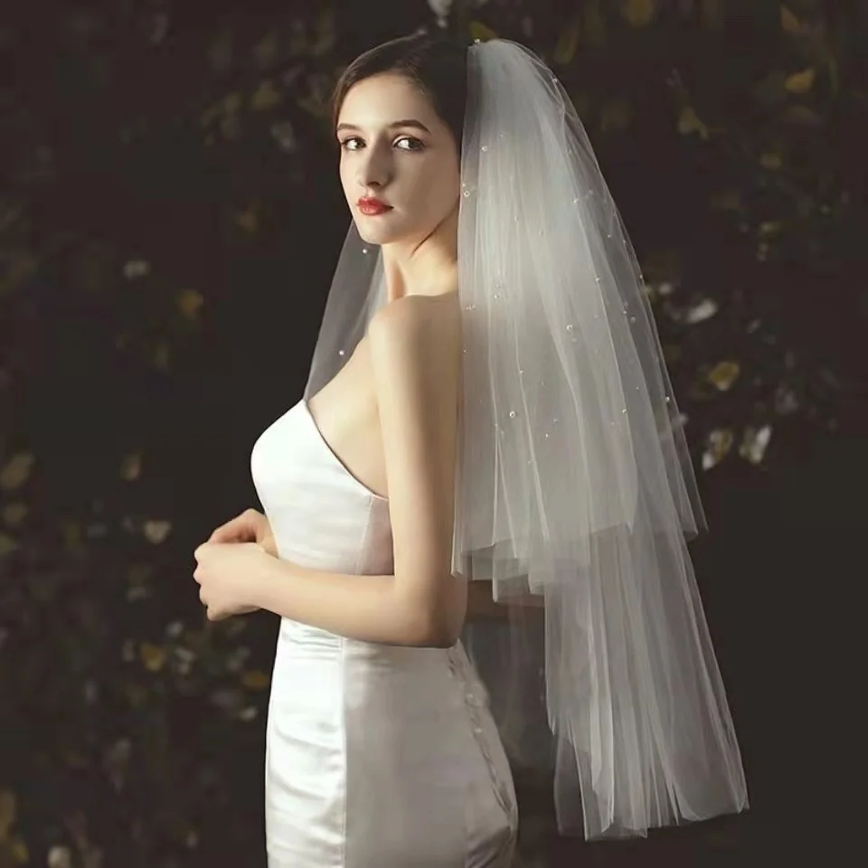 Elegant Pearl Beaded Wedding Veils Multi Layers Soft Tulle with Comb Bridal Fingertip Veil Marriage Accessories image 5