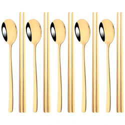304 Stainless Steel Cutlery Set Sushi Sticks Dinner Spoons Set 10Pcs Dinnerware Korean Chopsticks Dessert Spoon Flatware Set