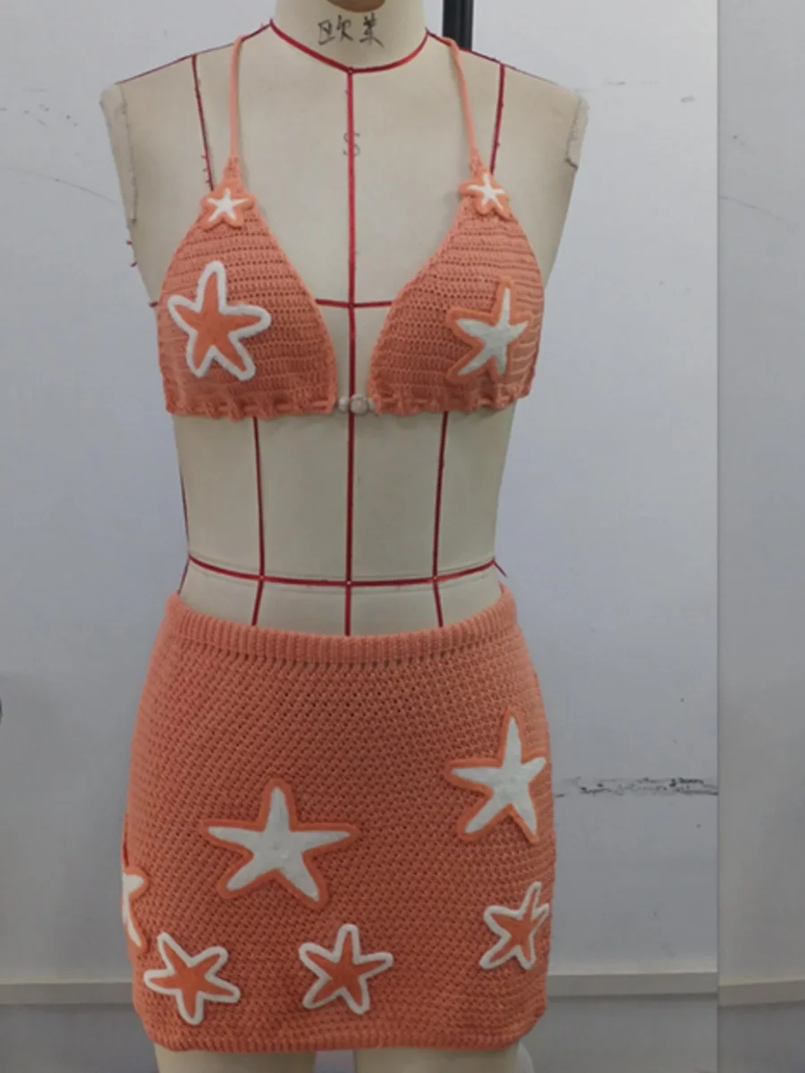 النساء Y2K 2 قطعة الكروشيه متماسكة تنورة مجموعة الجوف خارج كامي عالية الخصر التنانير الصغيرة ثلاثية الأبعاد زهرة التستر بحر #1