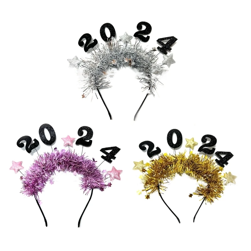 Tinsel Crown Headband 2024 New Year Decorations Hair Bands for Women Girls Kids Christmas Party Festivals Photo Props