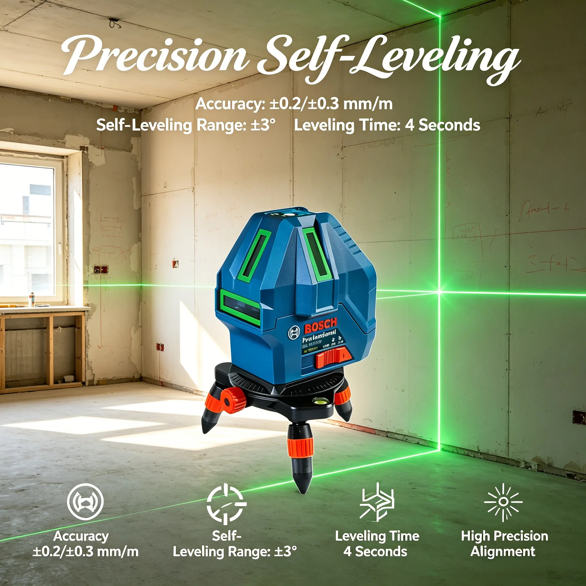 ‌Bosch GLL 50-15 XG Green Beam Laser Level with Plumb Point Self-Leveling Laser Level 15m Range Tool ‌5-Line Cross Laser Level