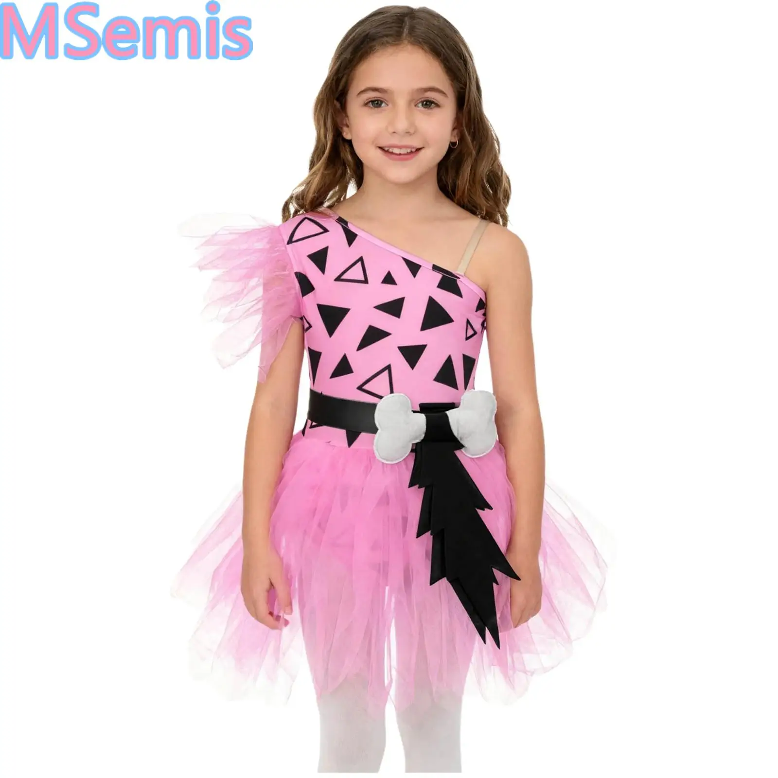 

Kids Girls Halloween Caveman Dog Bones Dress One Shoulder Ruffle Mesh Tutu Dress Historical Stone Age Primitive Caveman Costume