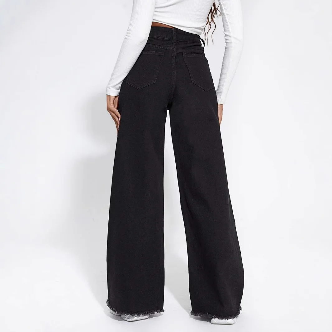 Spring New American Wide Leg Jeans High Waist Splicing Rough Edge Loose Pants Women Jeans Denim Trousers Tassel
