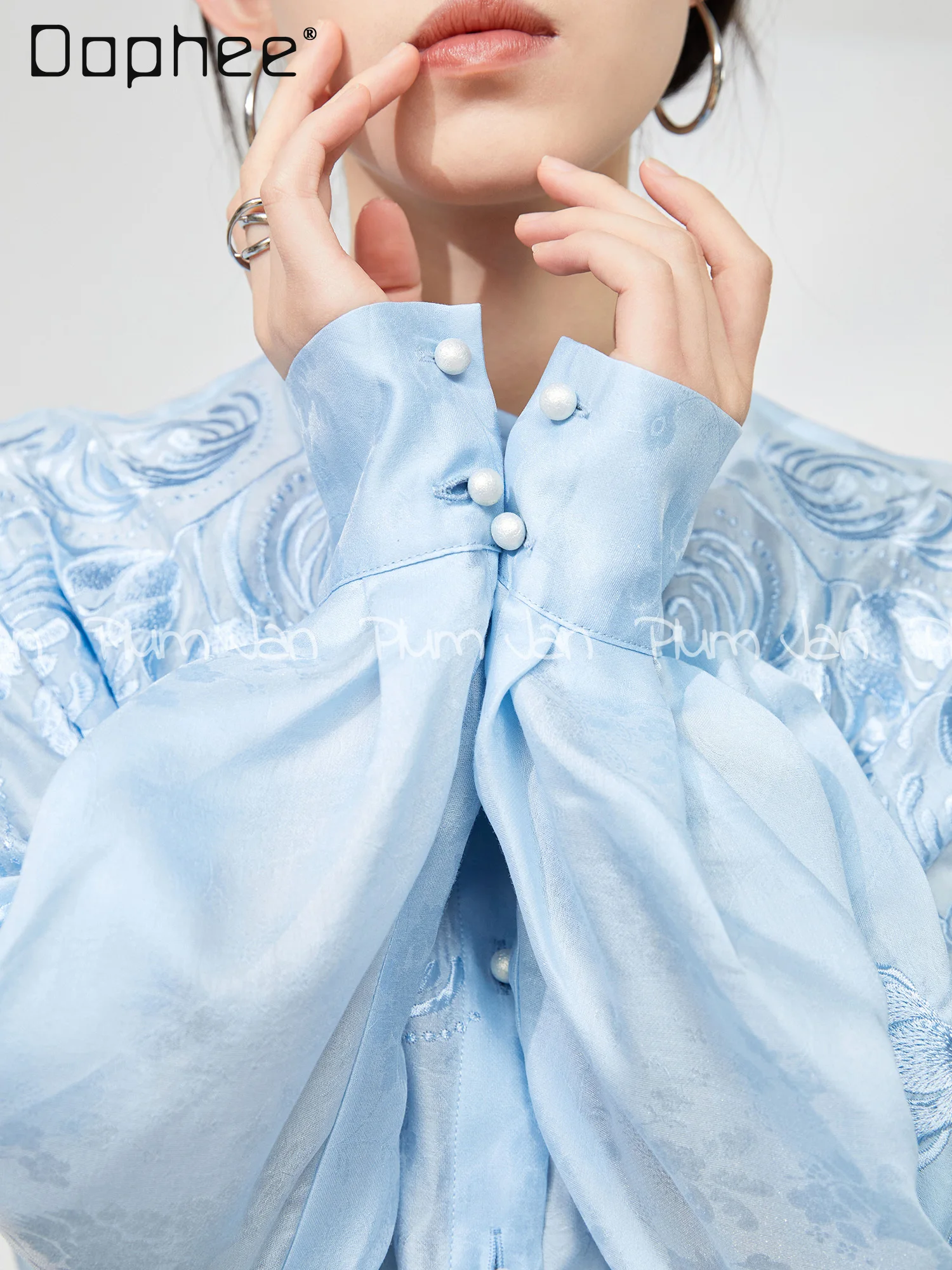 새로운 중국 스타일 수 놓은 셔츠 하이 엔드 라이트 럭셔리 스탠드 칼라 싱글 브레스트 긴팔 셔츠 여성 봄 여름