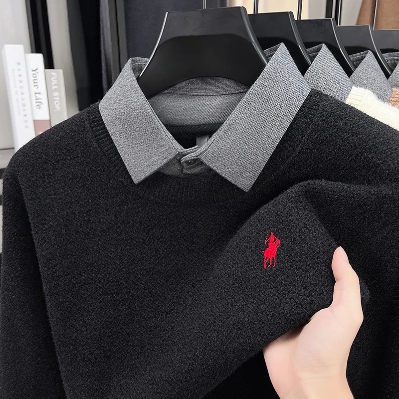 High quality velvet shirt collar sweater men's trendy luxury brand classic Paul embroidery casual top winter warm knit pullover